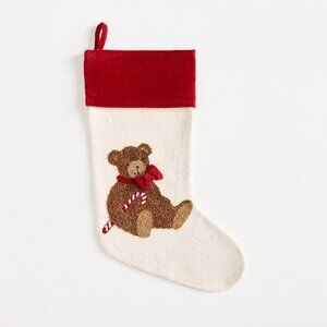 Pottery Barn Holiday Crewel Christmas Stocking - Teddy Bear - NWT